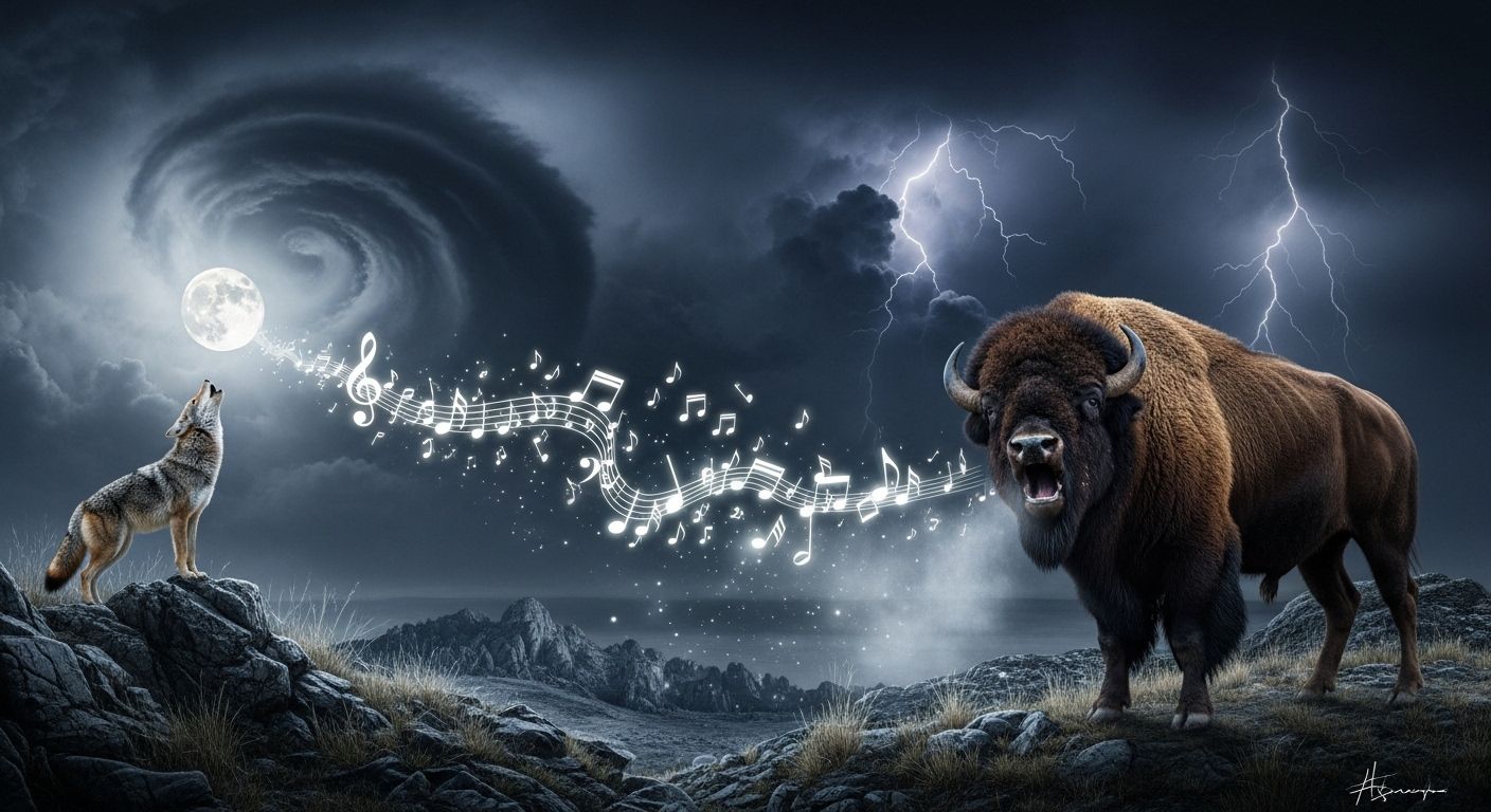 Symbolische voorstelling van geluid met dieren en bliksem